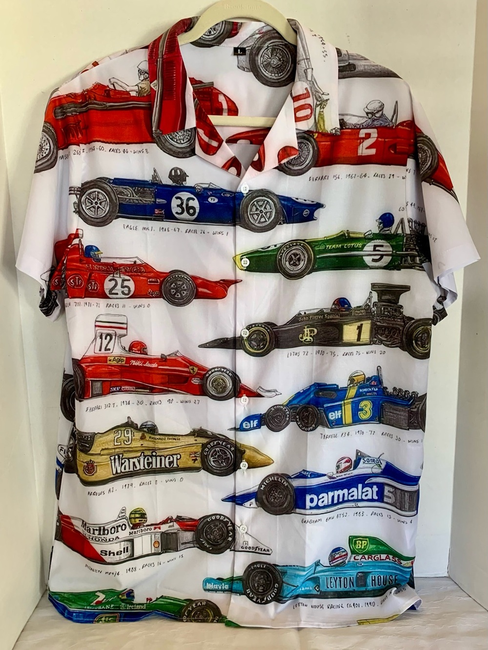 Vintage Race Car Print Button-Up Shirt - Multicolor